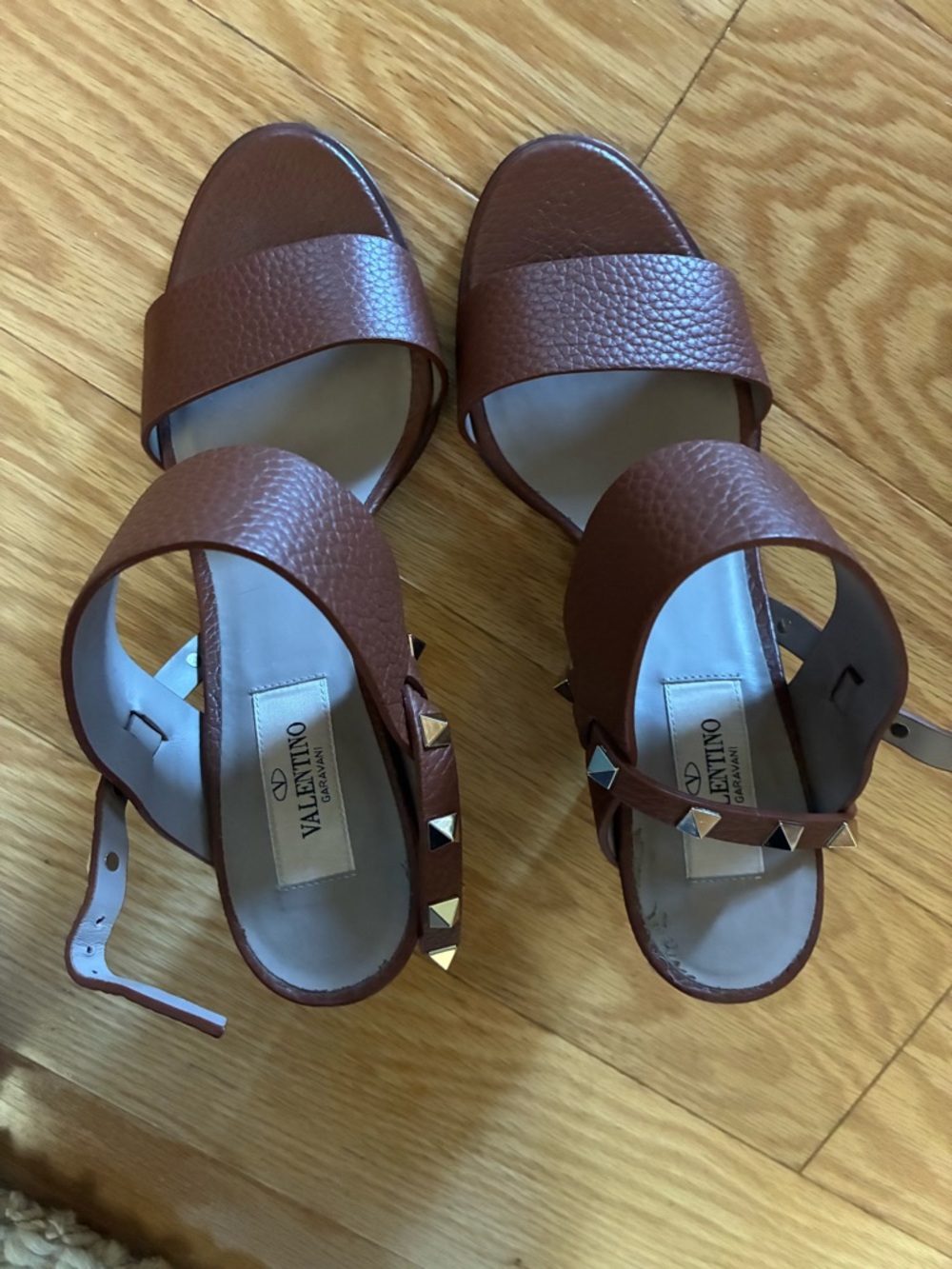 Valentino Brown Pebbled Leather Rockstud Slingback Sandals